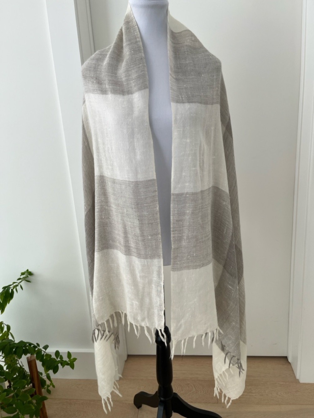 SHAWL Wrap Scarf Windowpane Plaid Neutral Oversize Lightweight Sheer Travel Chic
